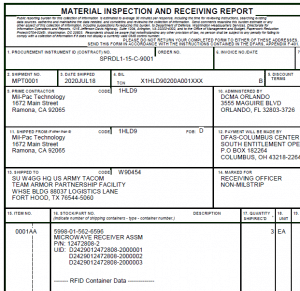 WAWF DD250 Receiving Report with RFID Label Data